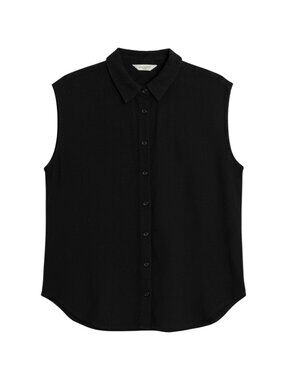 Double Zero Linen Blend Button Front Top Blouse Shirt Black M